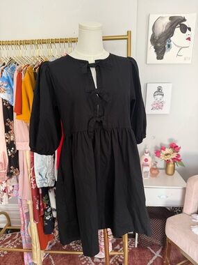 Classic Black Midi Dress with Tie Front